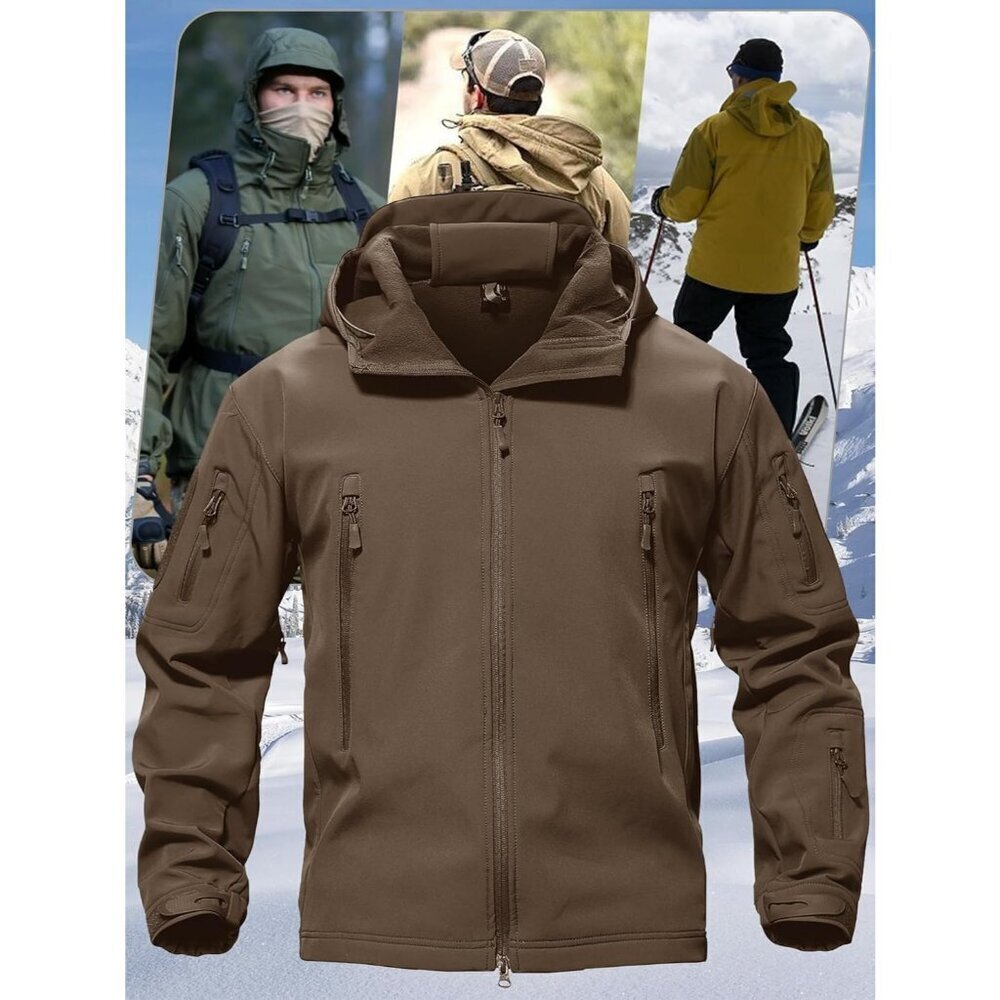 Men's  #12-coffee Tactical Soft Shell Winter Jacket with Fleece Lining & Hood - Picture 6 of 6